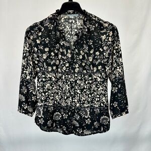 Daniel Rains Black & Beige Botanical Print Blouse 3/4 Sleeves Ruffle Collar Sm